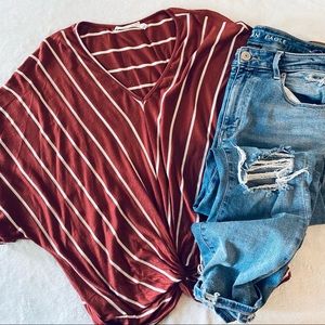 Lush Dolman Style V-neck Crop Twist Top Rust Red & White Size Large